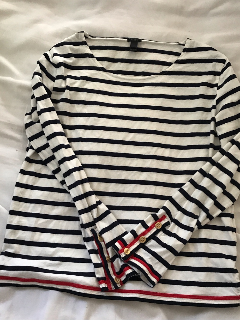 J. Crew White and Navy Striped Long-Sleeve Boatneck Top with Red Trim